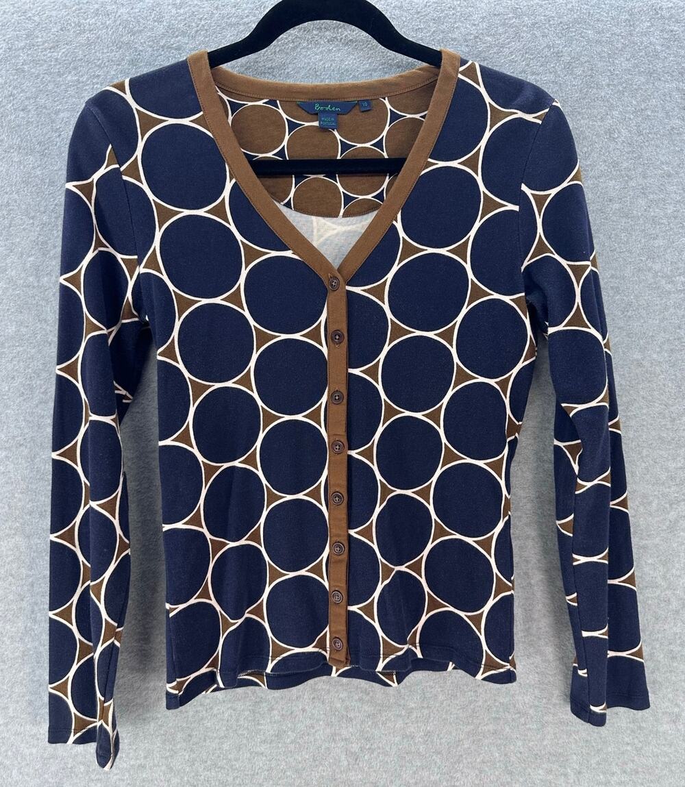 Boden Women's sz 6 (UK 10) 100% Cotton Navy & Brown Polka Dot Button Down LS